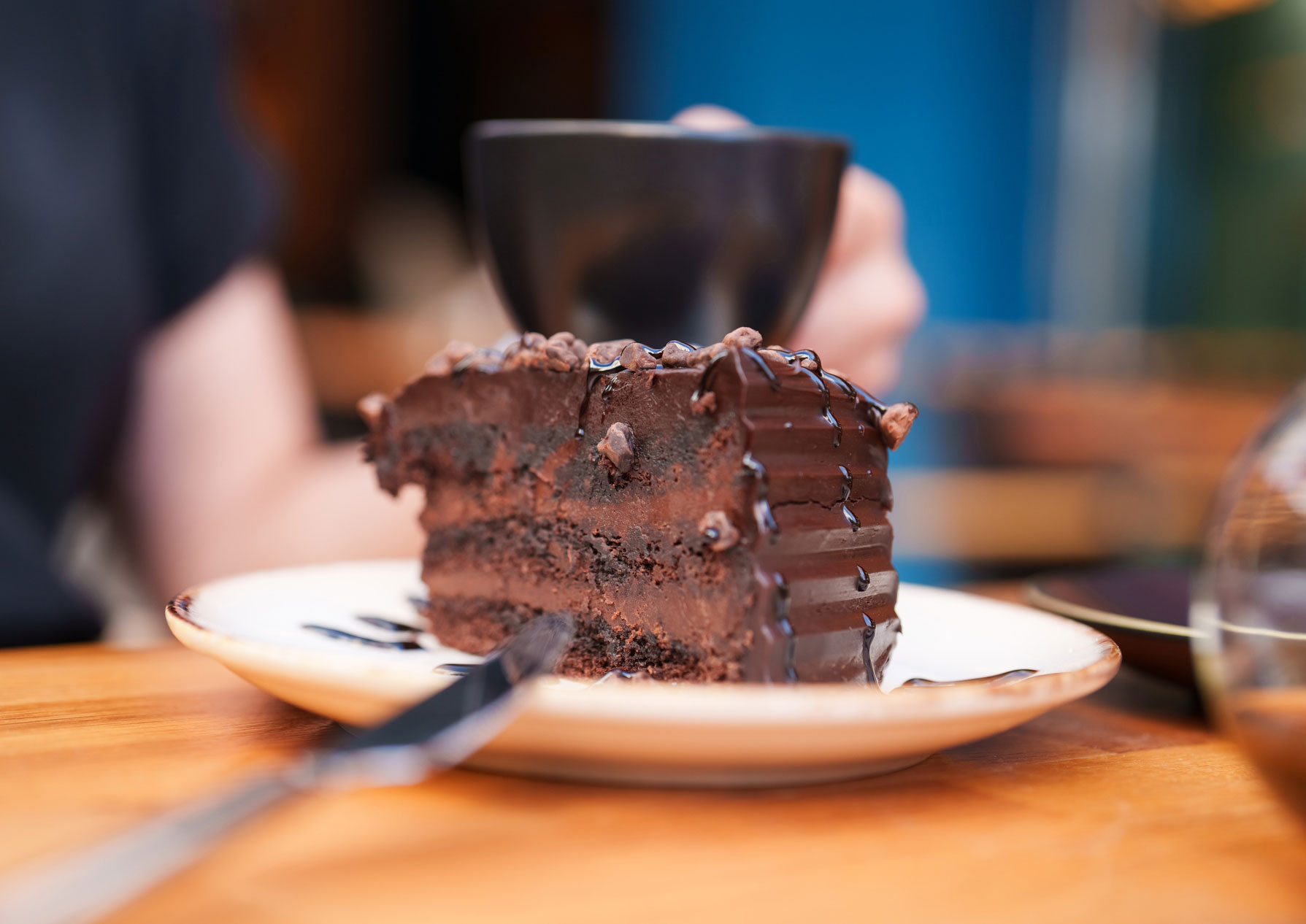 A slice of a chocolate cake